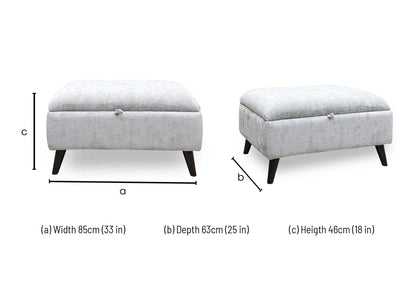 Technical dimension diagram for the ‘Sanremo’ Silver Fabric Storage Footstool, outlining precise structural measurements including width, depth, and total height.