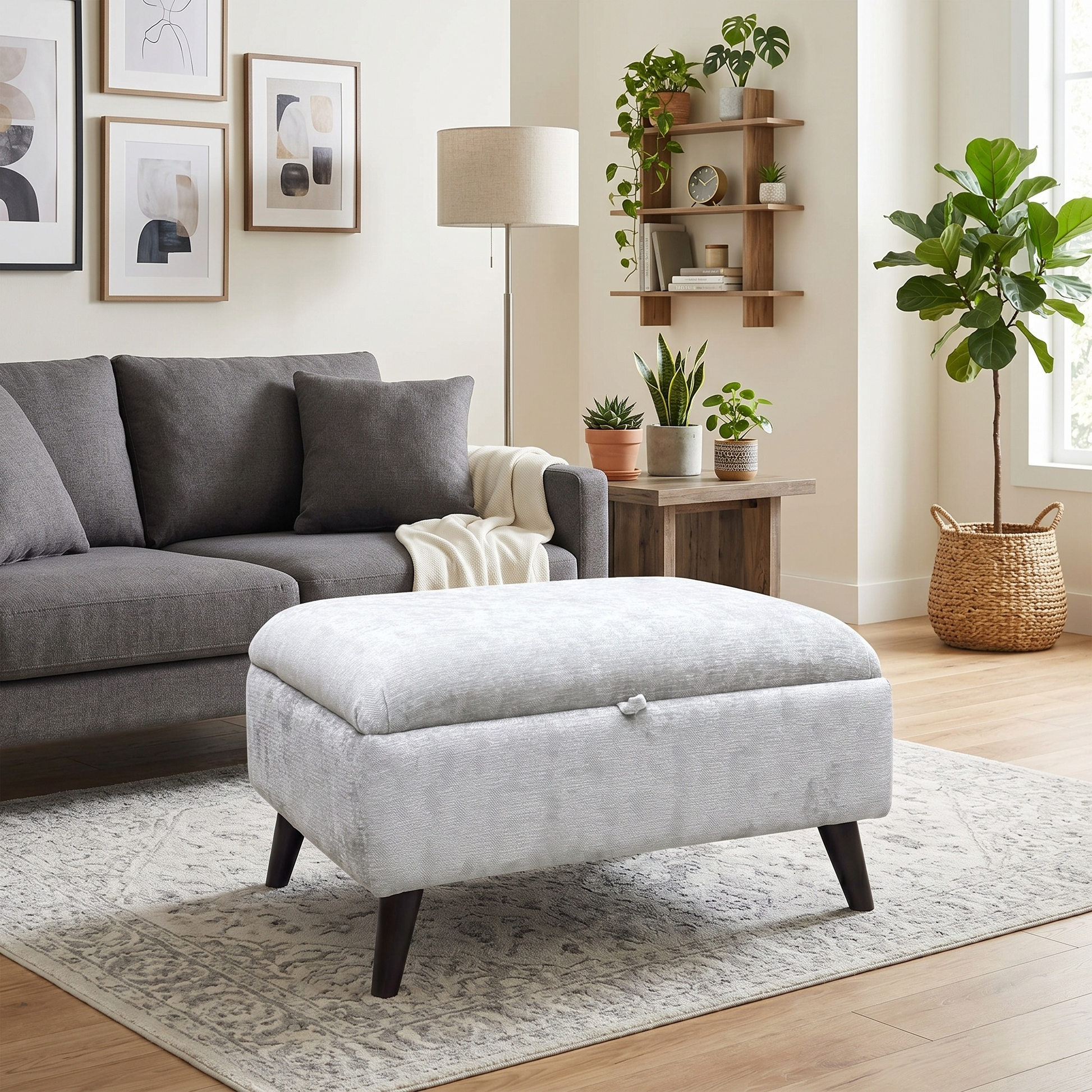 Living room view for the ‘Dior’ Forest Green fabric end ottoman bed frame, highlighting the spacious under-bed storage compartment, powerful gas-lift hydraulic system, and premium fabric finish.