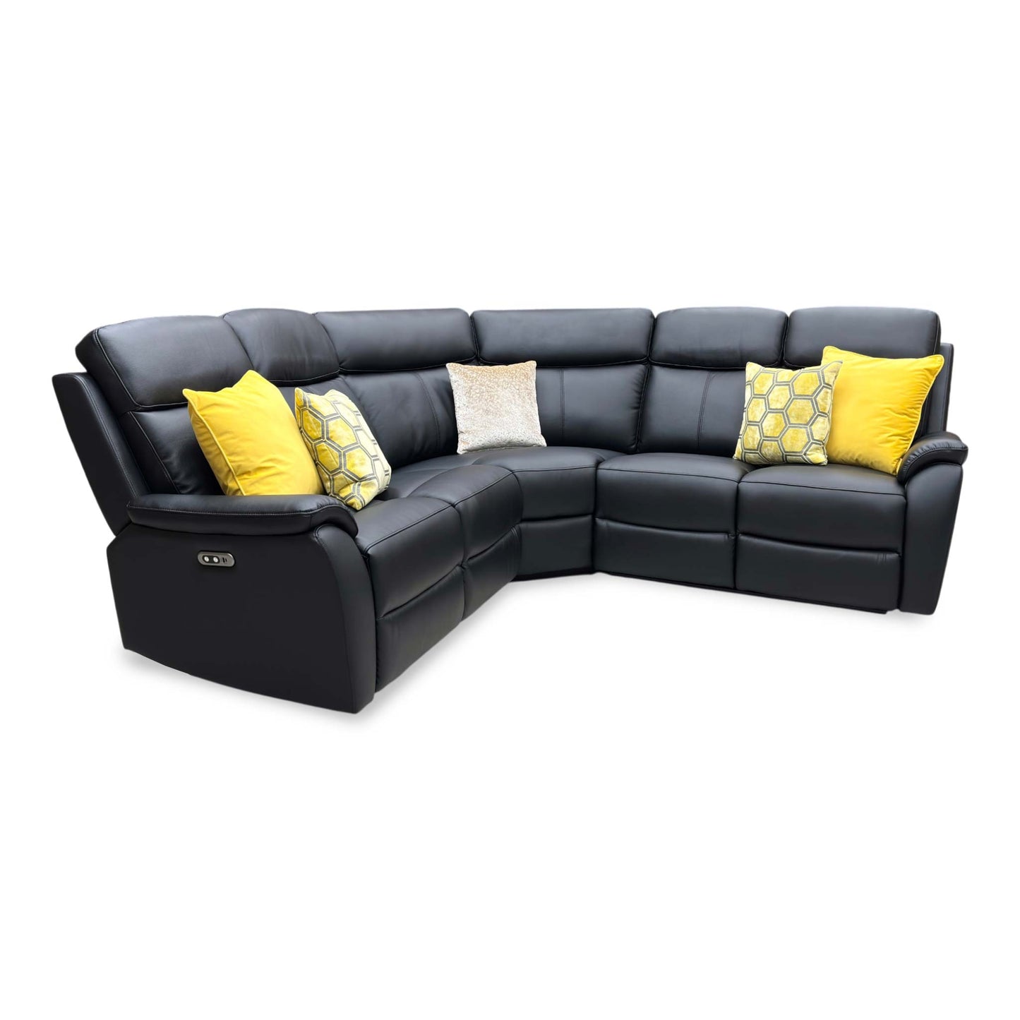 Side profile view of the corner sofa, emphasizing the supportive lumbar curves of the high backrest, plush arm tracking, and modern tailored stitching.