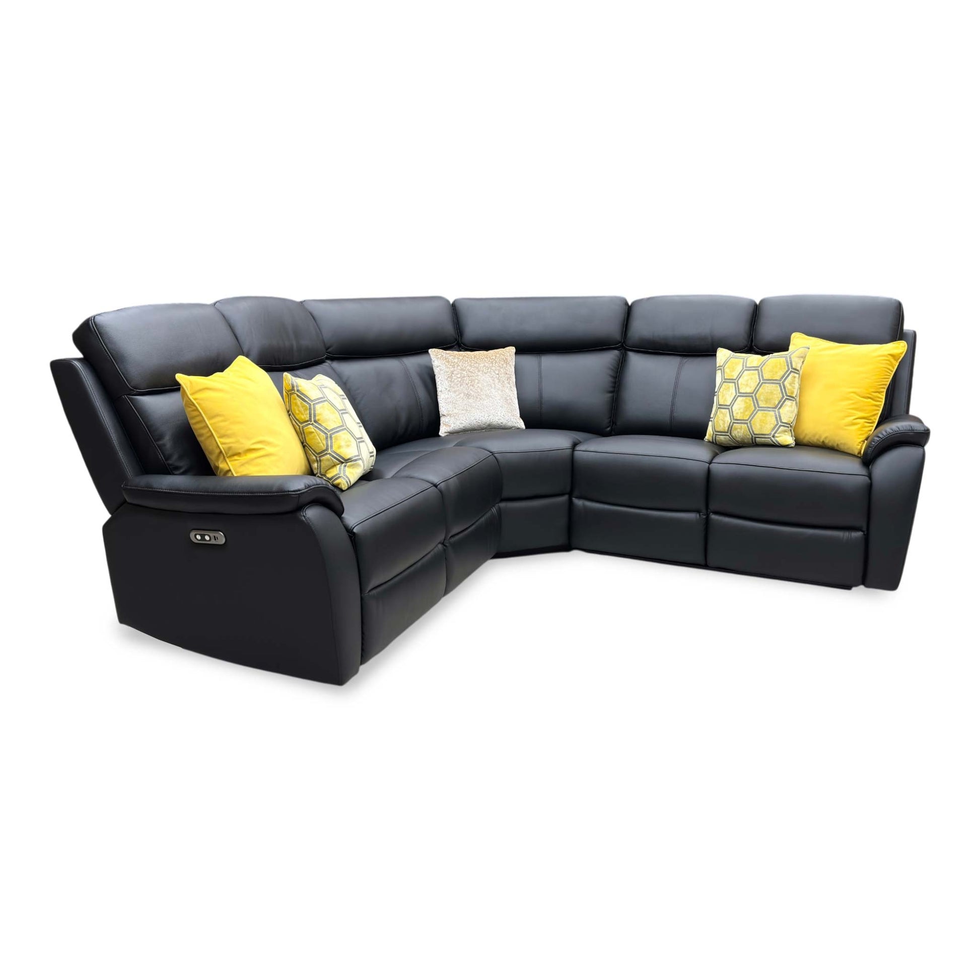 Side profile view of the corner sofa, emphasizing the supportive lumbar curves of the high backrest, plush arm tracking, and modern tailored stitching.