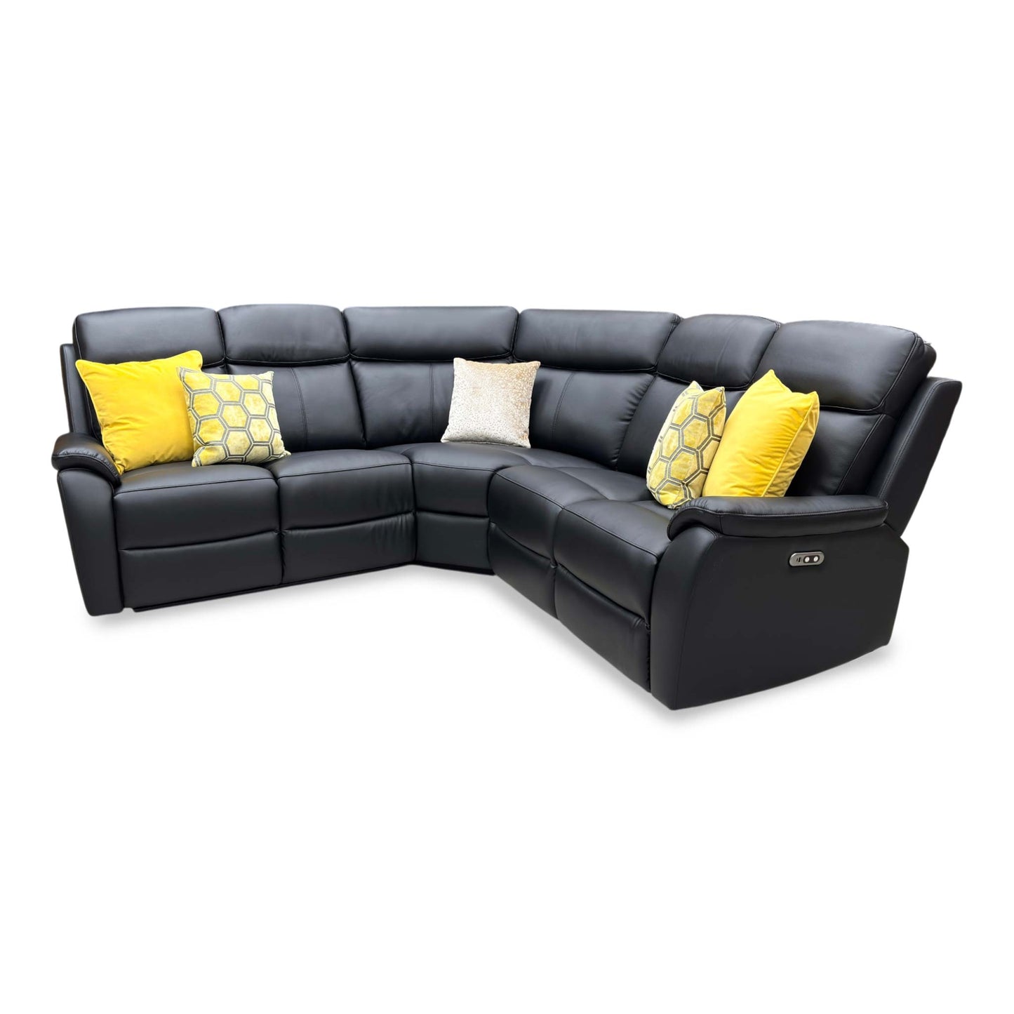 Side profile view of the corner sofa, emphasizing the supportive lumbar curves of the high backrest, plush arm tracking, and modern tailored stitching.