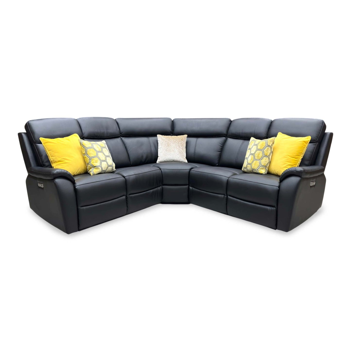 Front view of the Kingsmere power recliner corner sofa, showcasing its spacious L-shaped layout upholstered in premium black leather with sleek integrated power controls.