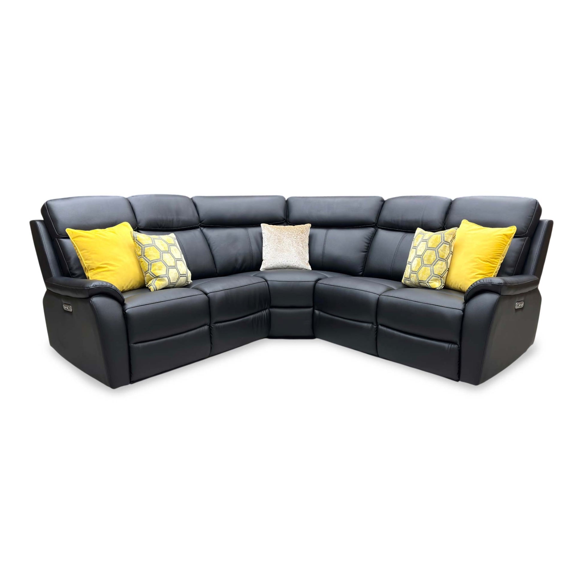Front view of the Kingsmere power recliner corner sofa, showcasing its spacious L-shaped layout upholstered in premium black leather with sleek integrated power controls.
