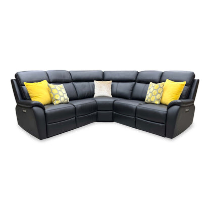 Front view of the Kingsmere power recliner corner sofa, showcasing its spacious L-shaped layout upholstered in premium black leather with sleek integrated power controls.