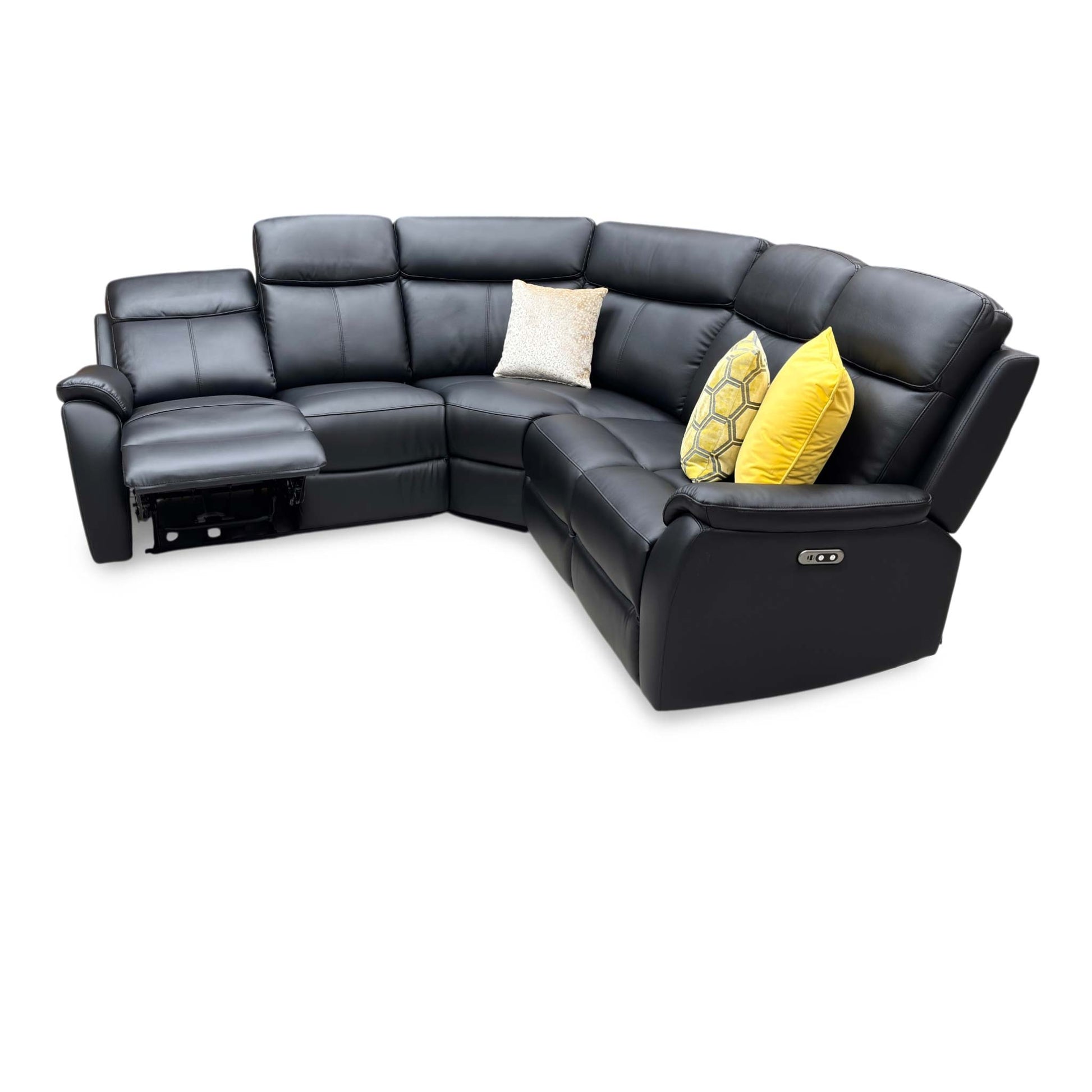 Side view of the effortless touch-button power recline function, smoothly lifting the footrests and tilting the backrests of the corner sofa.