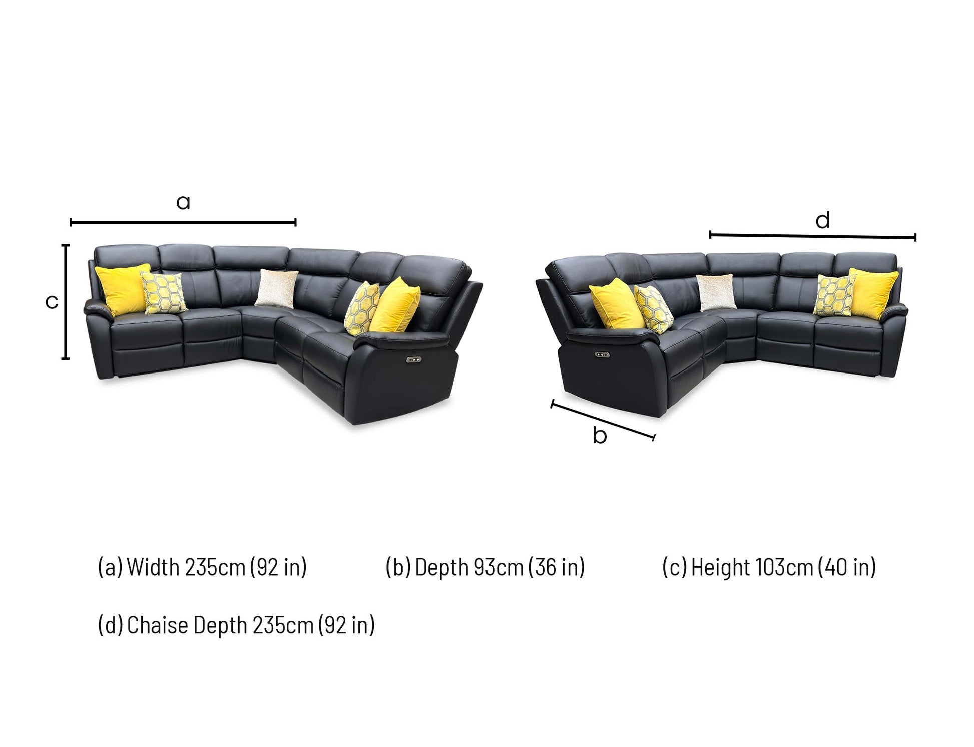 Technical dimension diagram for the Kingsmere Black Leather Power Recliner Corner Sofa, detailing the full footprint, corner return lengths, and height metrics.