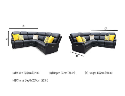 Technical dimension diagram for the Kingsmere Black Leather Power Recliner Corner Sofa, detailing the full footprint, corner return lengths, and height metrics.