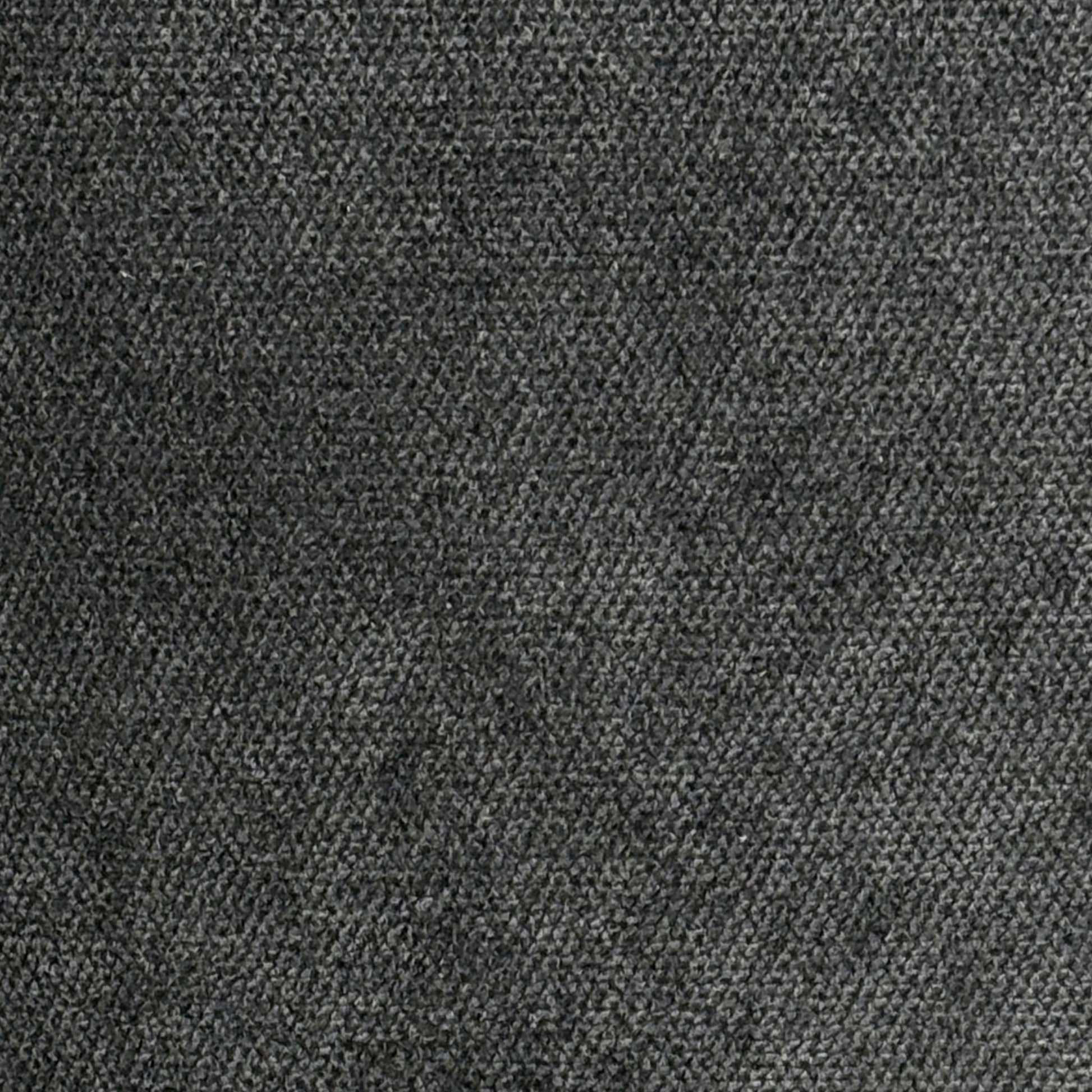 High-definition close-up shot of the charcoal fabric upholstery, highlighting its fine textured weave, rich dark grey tonal depth, and high-quality tailored seams.