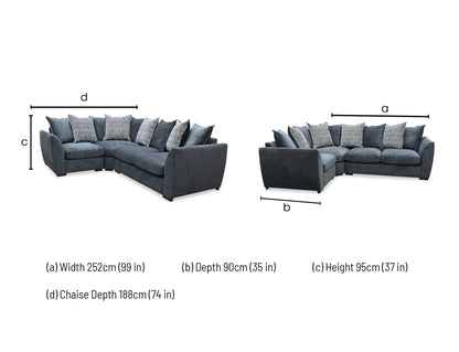 Technical dimension diagram for the Havana Charcoal Fabric Left Hand Double Arm Sofa, detailing its full structural layout and measurements.