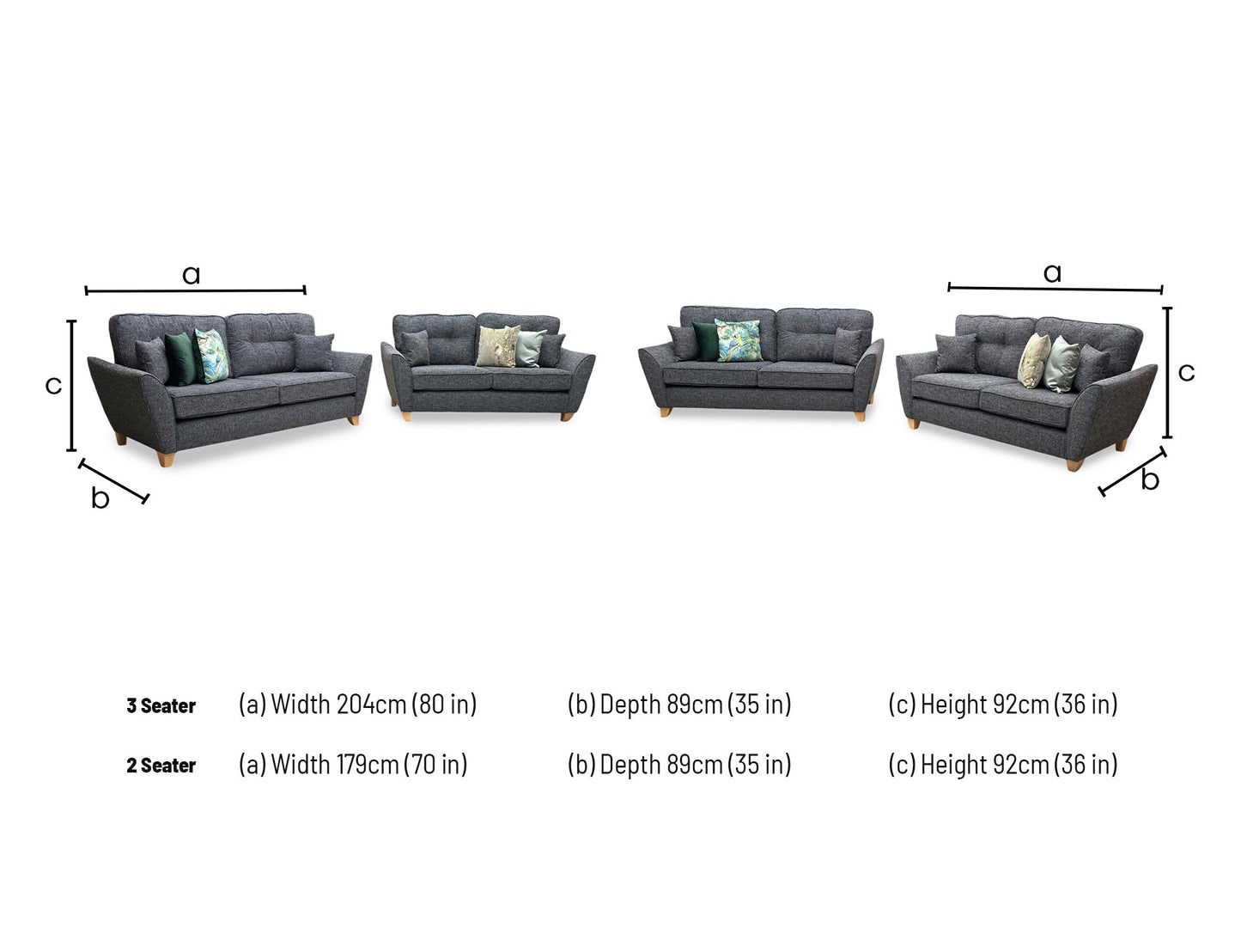 Technical dimension diagram for the Halstow Charcoal Fabric 3-Seater and 2-Seater Sofas, detailing full structural measurements for both pieces.