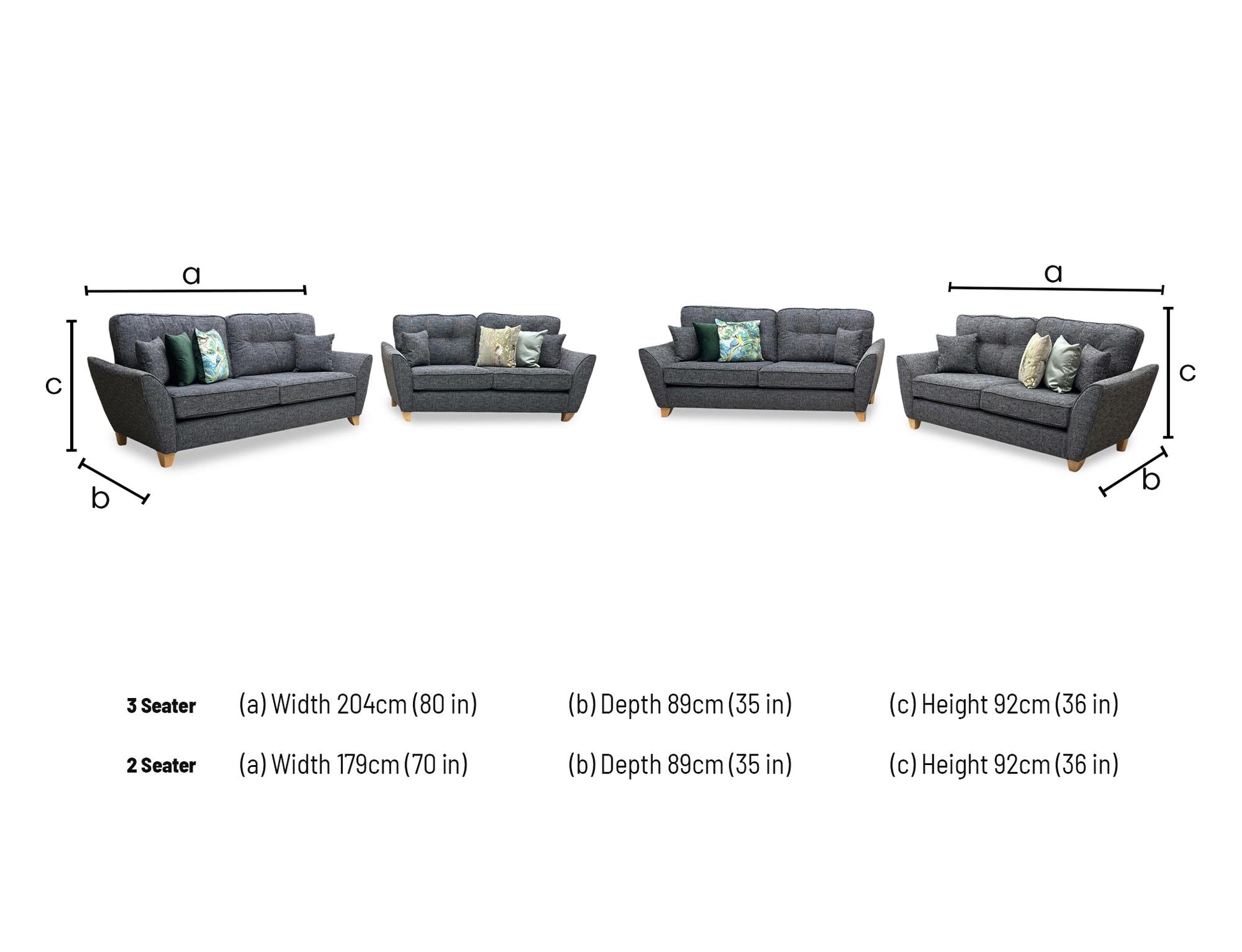 Technical dimension diagram for the Halstow Charcoal Fabric 3-Seater and 2-Seater Sofas, detailing full structural measurements for both pieces.