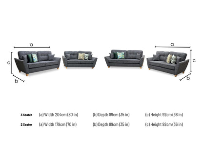 Technical dimension diagram for the Halstow Charcoal Fabric 3-Seater and 2-Seater Sofas, detailing full structural measurements for both pieces.