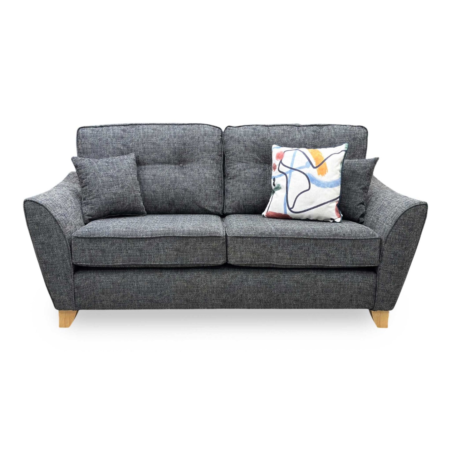 Front view for the ‘Halstow’ Charcoal fabric 2-seater sofa, highlighting its spacesaver compact design, premium textured weave upholstery, and modern apartment aesthetic.