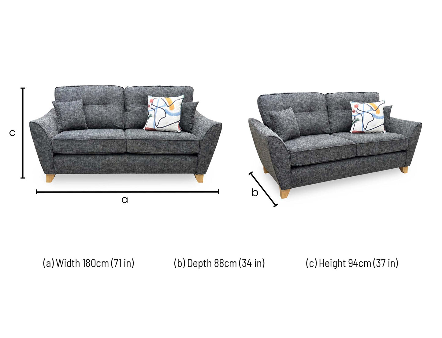 Technical dimension diagram for the ‘Halstow’ Charcoal Fabric 2-Seater Sofa, outlining standard structural measurements including total width, height, and depth.