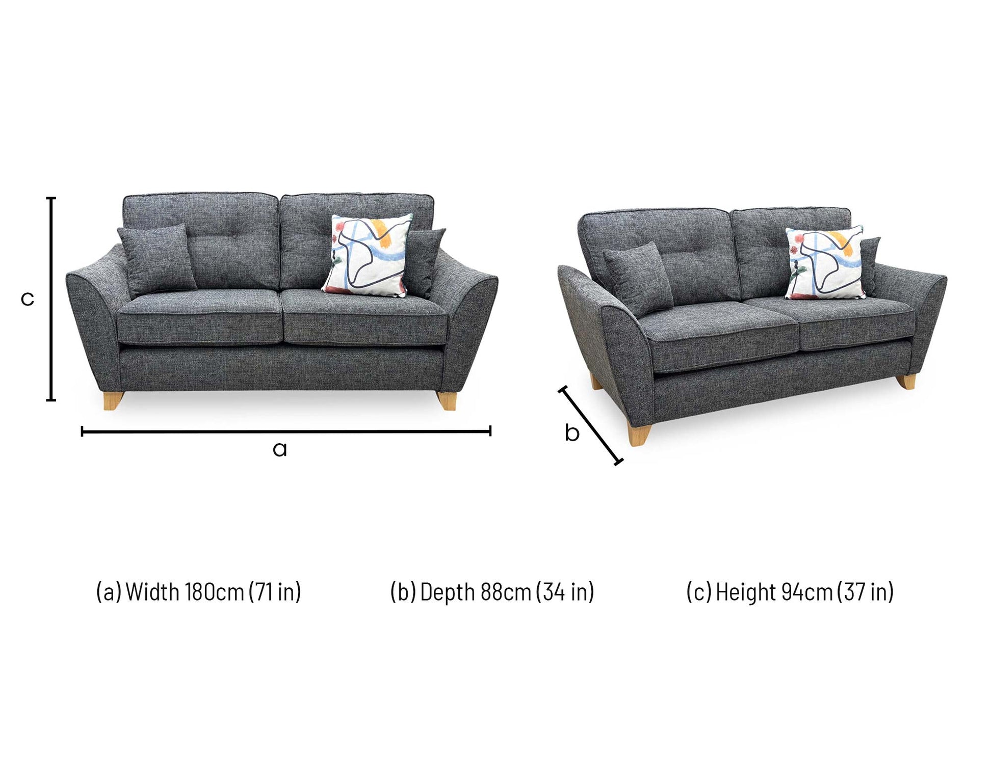 Technical dimension diagram for the ‘Halstow’ Charcoal Fabric 2-Seater Sofa, outlining standard structural measurements including total width, height, and depth.