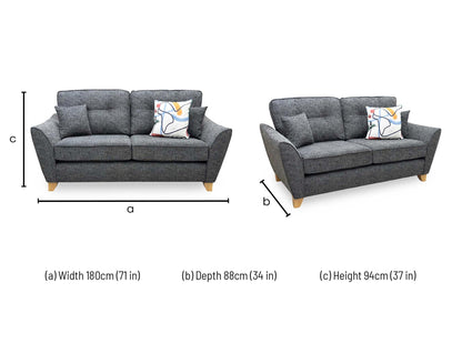 Technical dimension diagram for the ‘Halstow’ Charcoal Fabric 2-Seater Sofa, outlining standard structural measurements including total width, height, and depth.