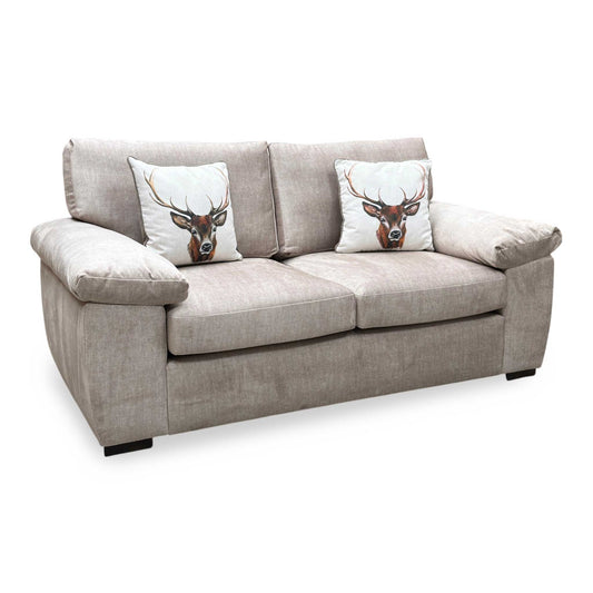 Full view of the Eliza 2-seater sofa, upholstered in a premium beige fabric with a clean, compact silhouette, plush seat cushions, and neat structural lines.