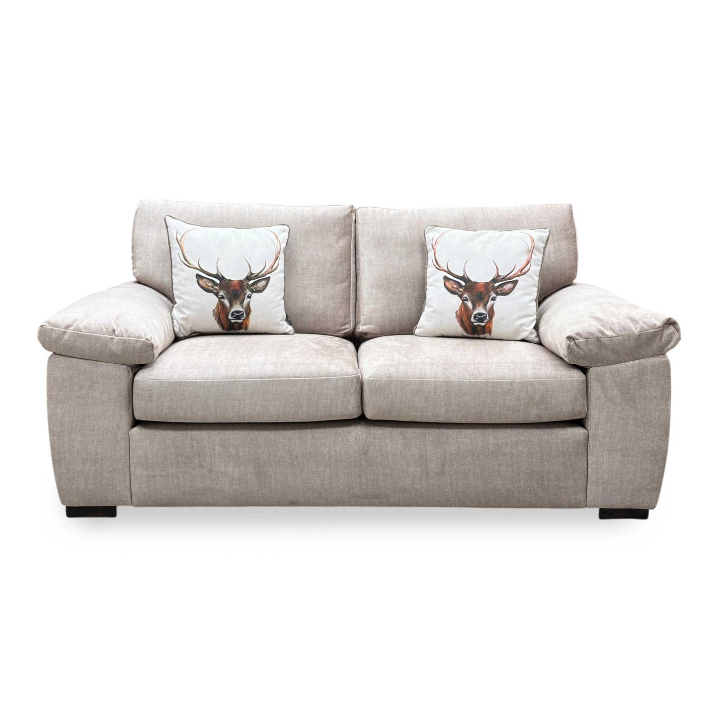 Front-facing view of the Eliza 2-seater sofa, upholstered in a premium beige fabric with a clean, compact silhouette, plush seat cushions, and neat structural lines.