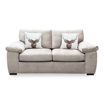 Front-facing view of the Eliza 2-seater sofa, upholstered in a premium beige fabric with a clean, compact silhouette, plush seat cushions, and neat structural lines.