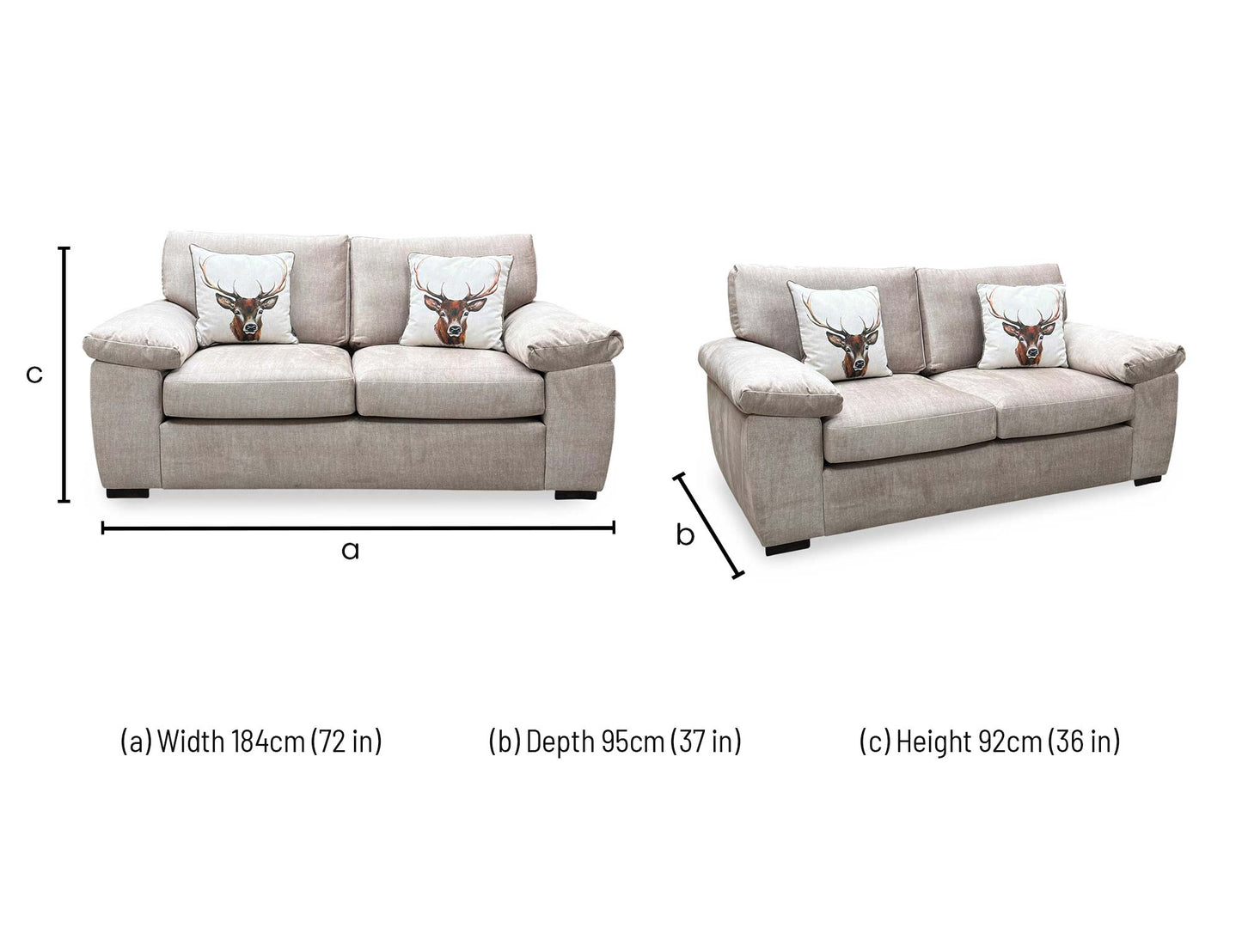 Technical dimension diagram for the Eliza Beige Fabric 2-Seater Sofa, detailing its full structural measurements.