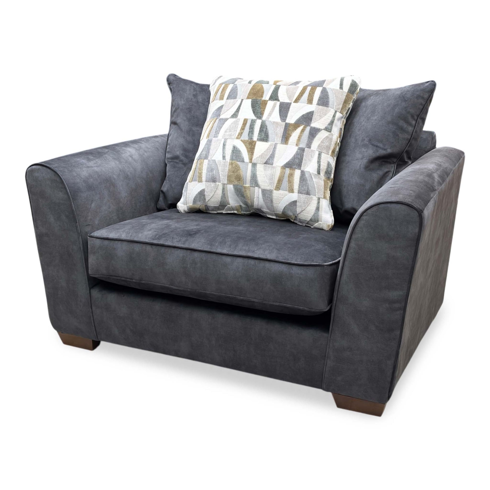 Side profile view of the snuggler chair, highlighting the clean, modern lines of the frame, the supportive depth of the backrest, and its low-profile feet.