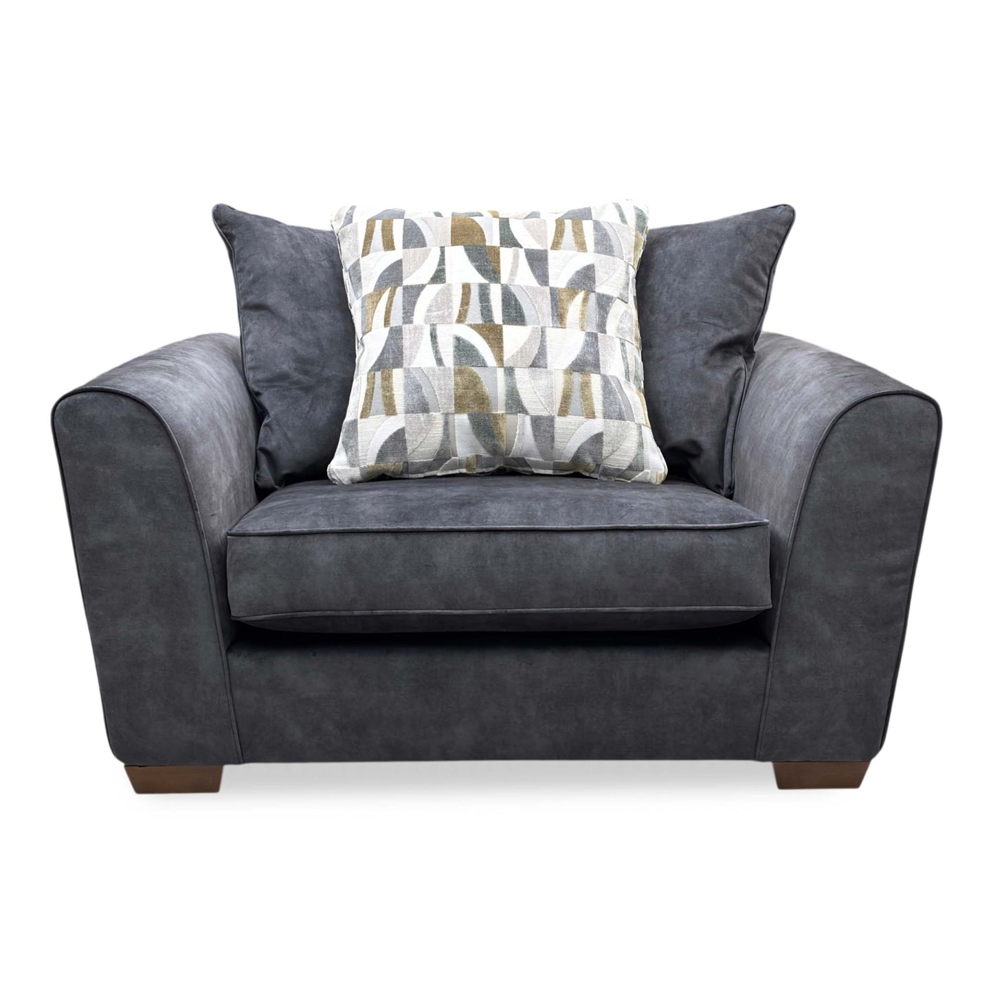 Front view of the Como snuggler chair, showcasing its wide 1.5-seater profile upholstered in a soft, premium coal-colored fabric with deep comfort cushioning.