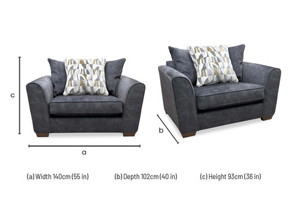 Technical dimension diagram for the Como Coal Fabric Snuggler Chair, outlining its full footprint and seating metrics.