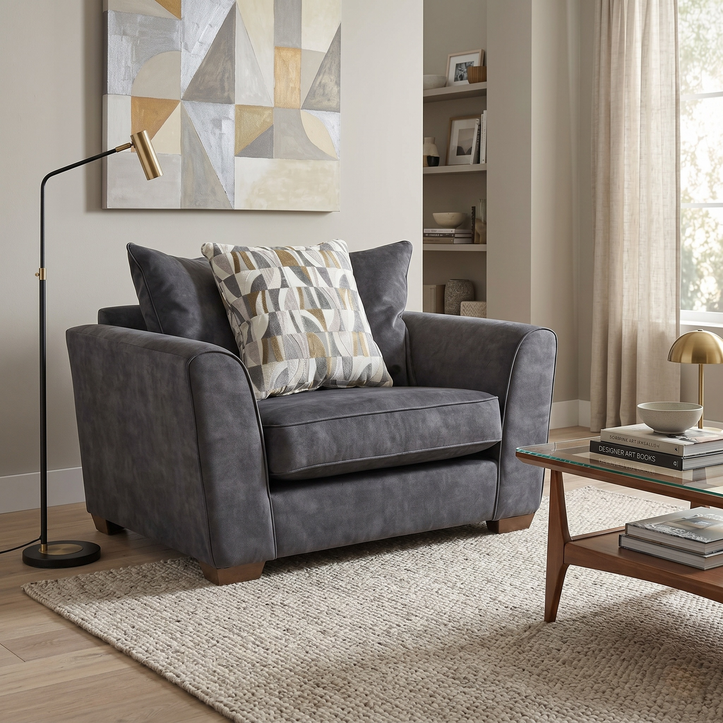 Living room view for the Como fabric snuggler chair, highlighting its cozy, space-saving design, soft-touch durable textile, and robust frame construction.