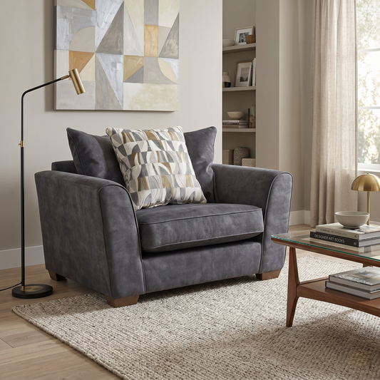 Living room view for the Como fabric snuggler chair, highlighting its cozy, space-saving design, soft-touch durable textile, and robust frame construction.