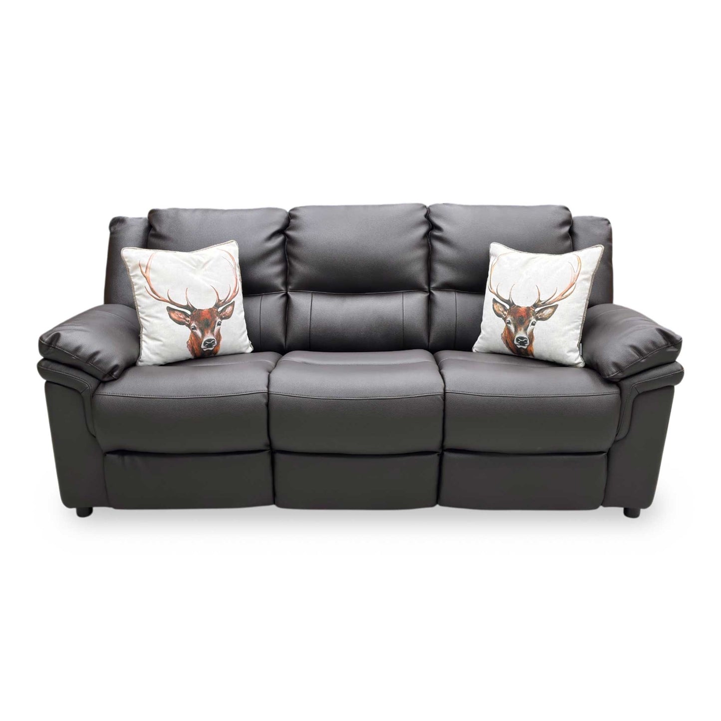 Front view the Albion 3-seater sofa, showcasing the supple texture of the faux leather, cushion bounce recovery, and full high-back frame stability.