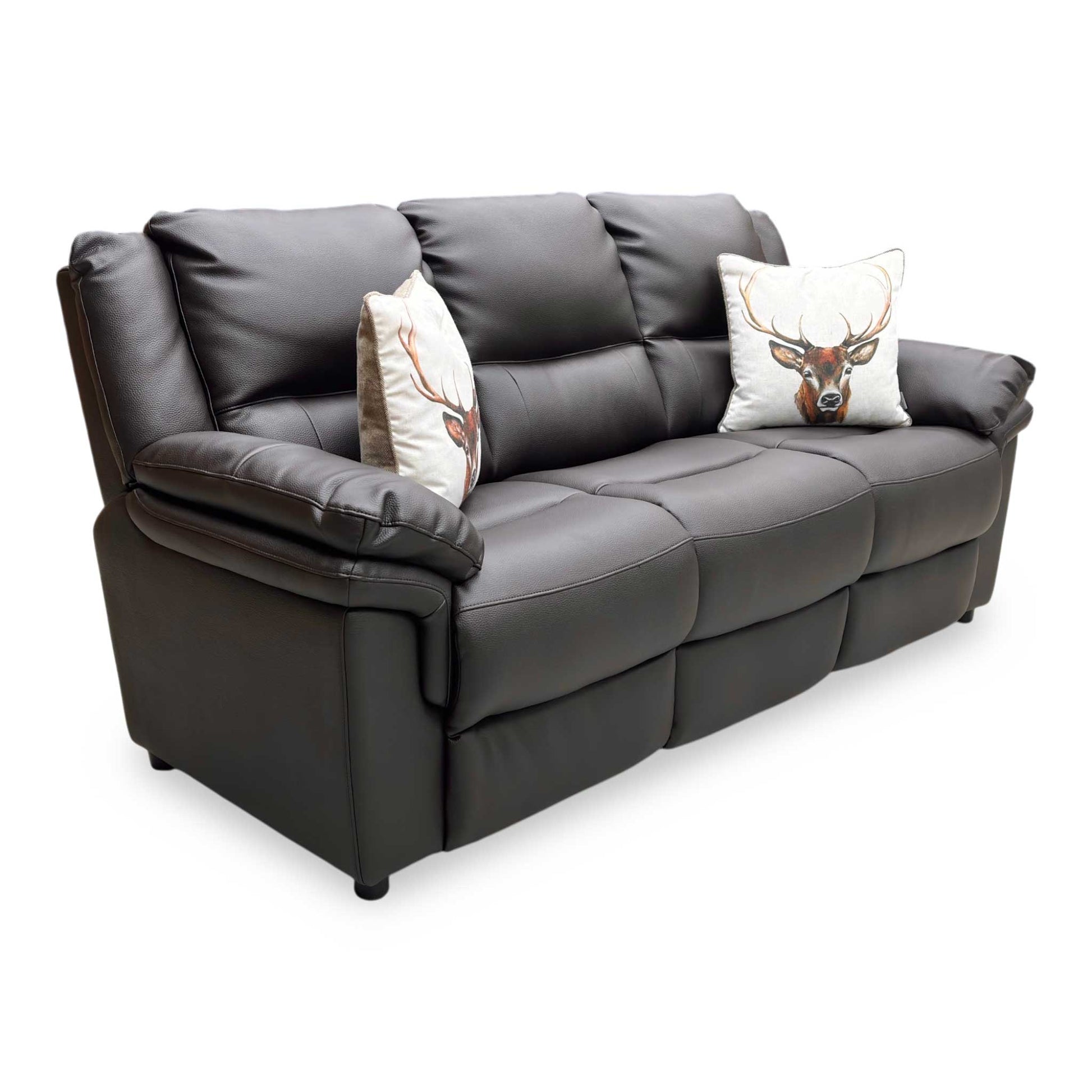 Full view of the Albion 3-seater sofa, upholstered in a rich chocolate brown faux leather, featuring a prominent high-back design with plush tiered lumbar support.