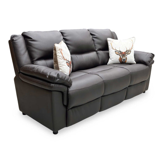 Full view of the Albion 3-seater sofa, upholstered in a rich chocolate brown faux leather, featuring a prominent high-back design with plush tiered lumbar support.