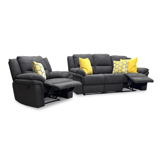 ‘Albion' Charcoal Chenille 3 Seater High Back Manual Recliner Sofa + Chair