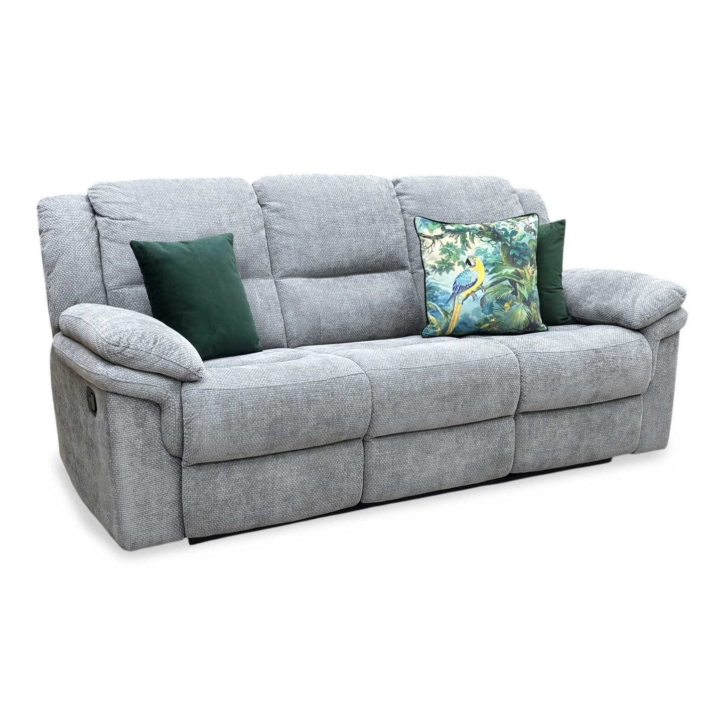 Side profile view of the sofa, emphasizing the supportive lumbar curves of the high backrest, plush arm cushioning, and clearance needed for the reclining mechanism.