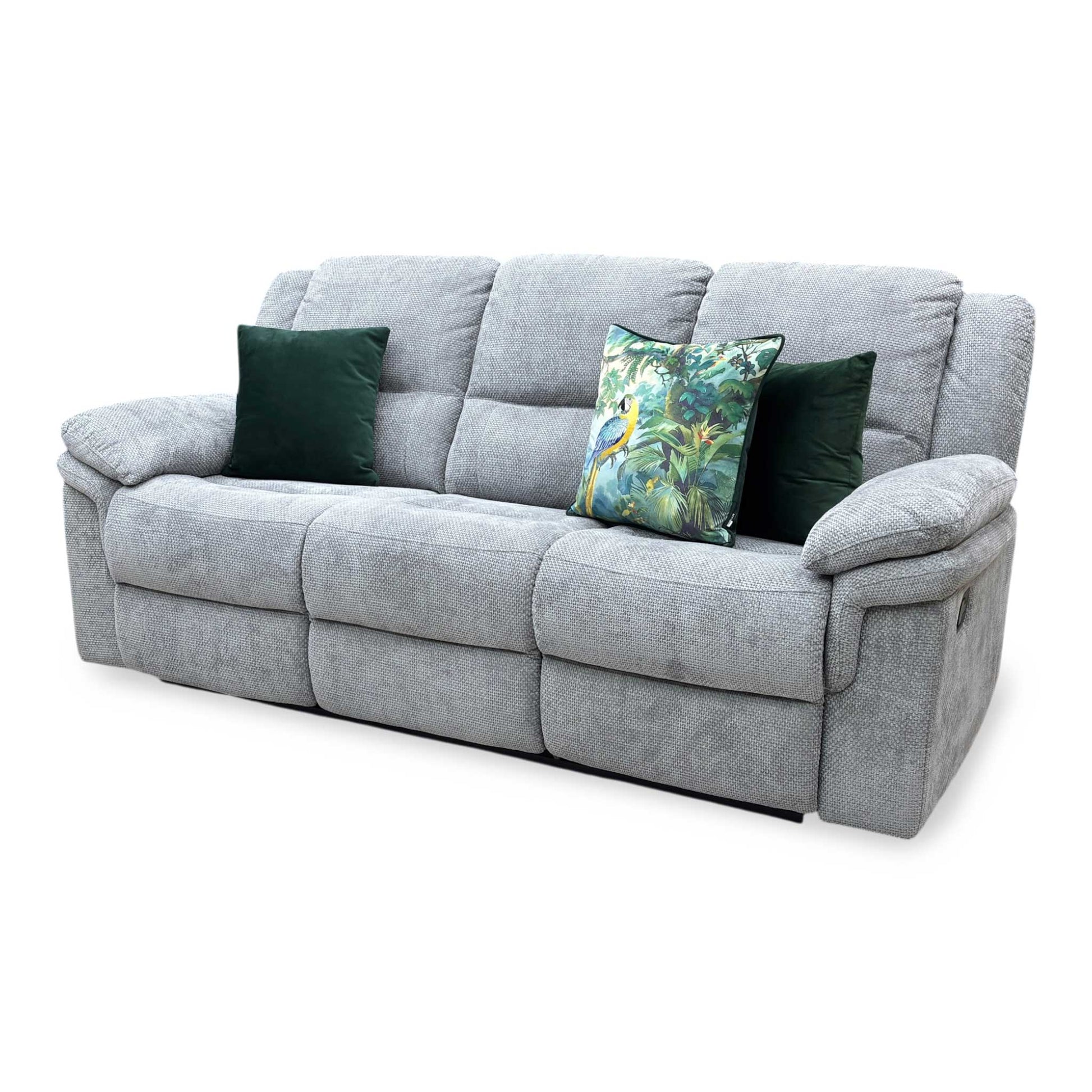 Side profile view of the sofa, emphasizing the supportive lumbar curves of the high backrest, plush arm cushioning, and clearance needed for the reclining mechanism.