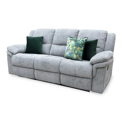 Side profile view of the sofa, emphasizing the supportive lumbar curves of the high backrest, plush arm cushioning, and clearance needed for the reclining mechanism.
