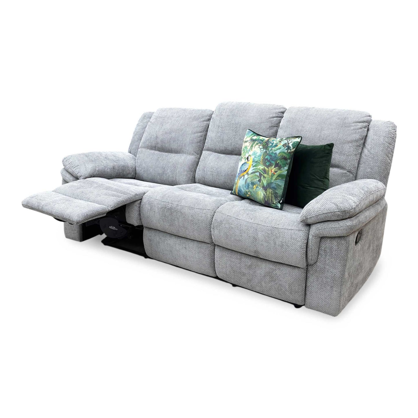 Side view of the effortless manual latch mechanism, smooth reclining action, and quick-response footrest extension of the Albion 3-seater sofa.