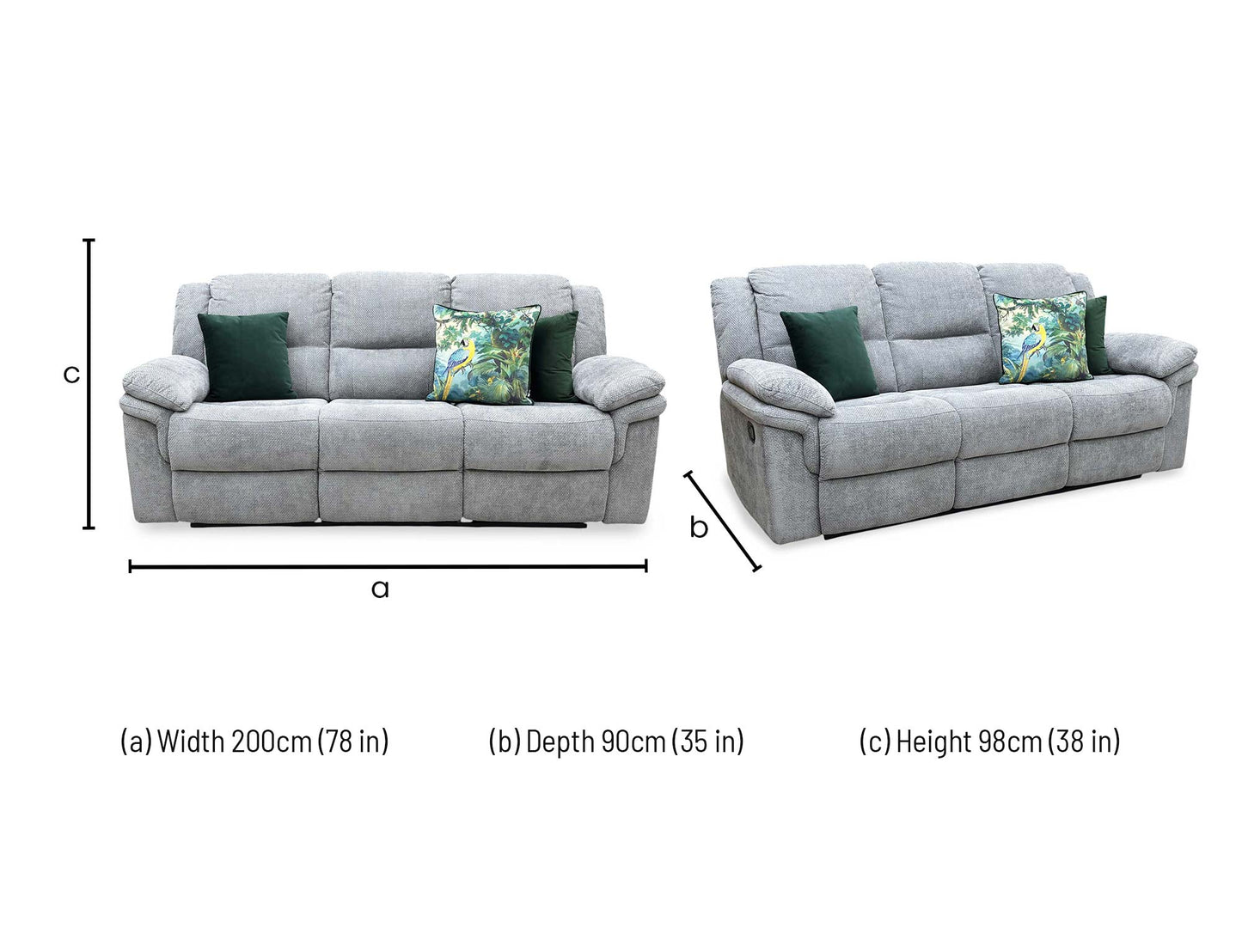 Technical dimension diagram for the Albion Grey Chunky Weave 3-Seater High Back Manual Recliner Sofa, detailing its full structural measurements.