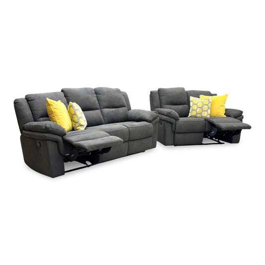 Full view of the Albion living room suite, showcasing the matching 3-seater and 2-seater sofas upholstered in premium charcoal grey chenille fabric with plush, high-back support.