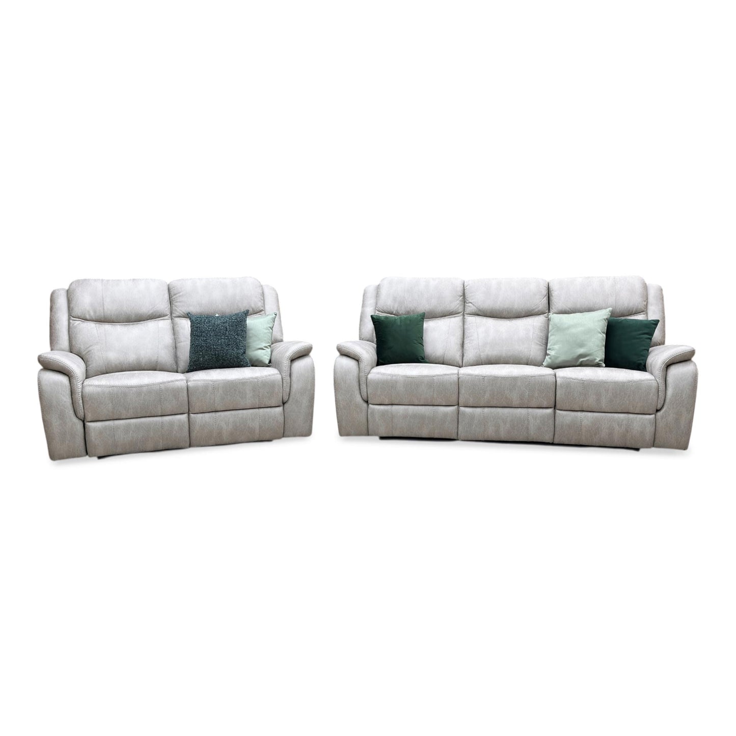 Front-facing shot of the Texas power recliner sofa suite, showcasing the matching 3-seater and 2-seater sofas in premium Stainley Stone microfibre with plush, deeply cushioned profiles.
