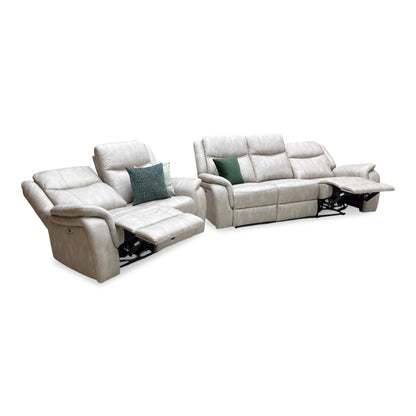 Full view shot of the Texas power recliner sofa suite, showcasing the matching 3-seater and 2-seater sofas in premium Stainley Stone microfibre with plush, deeply cushioned profiles.