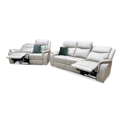 Side view of the integrated power reclining mechanism, showing the quiet operation of the footrest and backrest adjustments via the side touch controls.