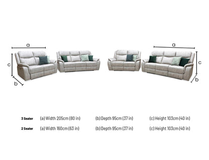 Technical dimension diagram for the Texas Stainley Stone Microfibre 3-Seater and 2-Seater Power Recliner Sofas, outlining full structural metrics for both pieces.