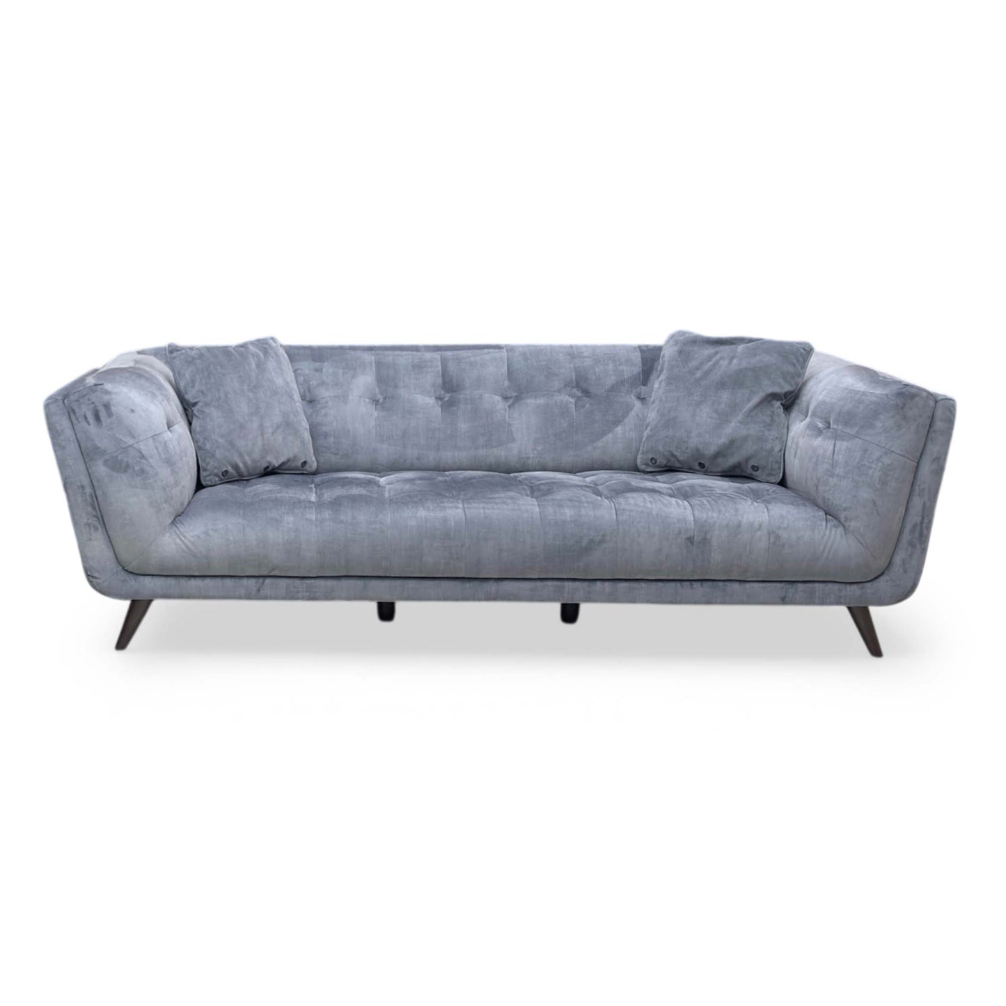 Front view of the ‘Rene’ 3-Seater Sofa in Heritage Granite Grey velvet, showcasing its luxurious contemporary silhouette, deeply padded bench seating, and elegant matte black legs.