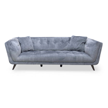 Front view of the ‘Rene’ 3-Seater Sofa in Heritage Granite Grey velvet, showcasing its luxurious contemporary silhouette, deeply padded bench seating, and elegant matte black legs.