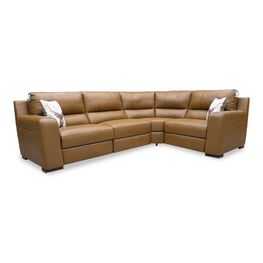 Full view of the Viali ‘Cometa’ Corner Power Recliner Sofa in Bark Brown premium leather, showcasing its spacious L-shaped layout, adjustable headrests, and sleek contemporary Italian styling.