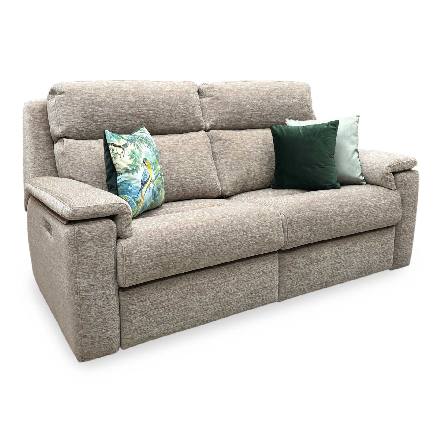 Side profile of the ‘Thornbury’ power recliner sofa, highlighting the ergonomic contours of the tiered backrest, padded arm tops, and necessary clearance footprint when fully reclined.