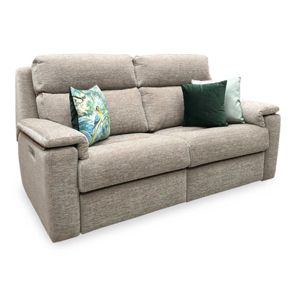 Side profile of the ‘Thornbury’ power recliner sofa, highlighting the ergonomic contours of the tiered backrest, padded arm tops, and necessary clearance footprint when fully reclined.
