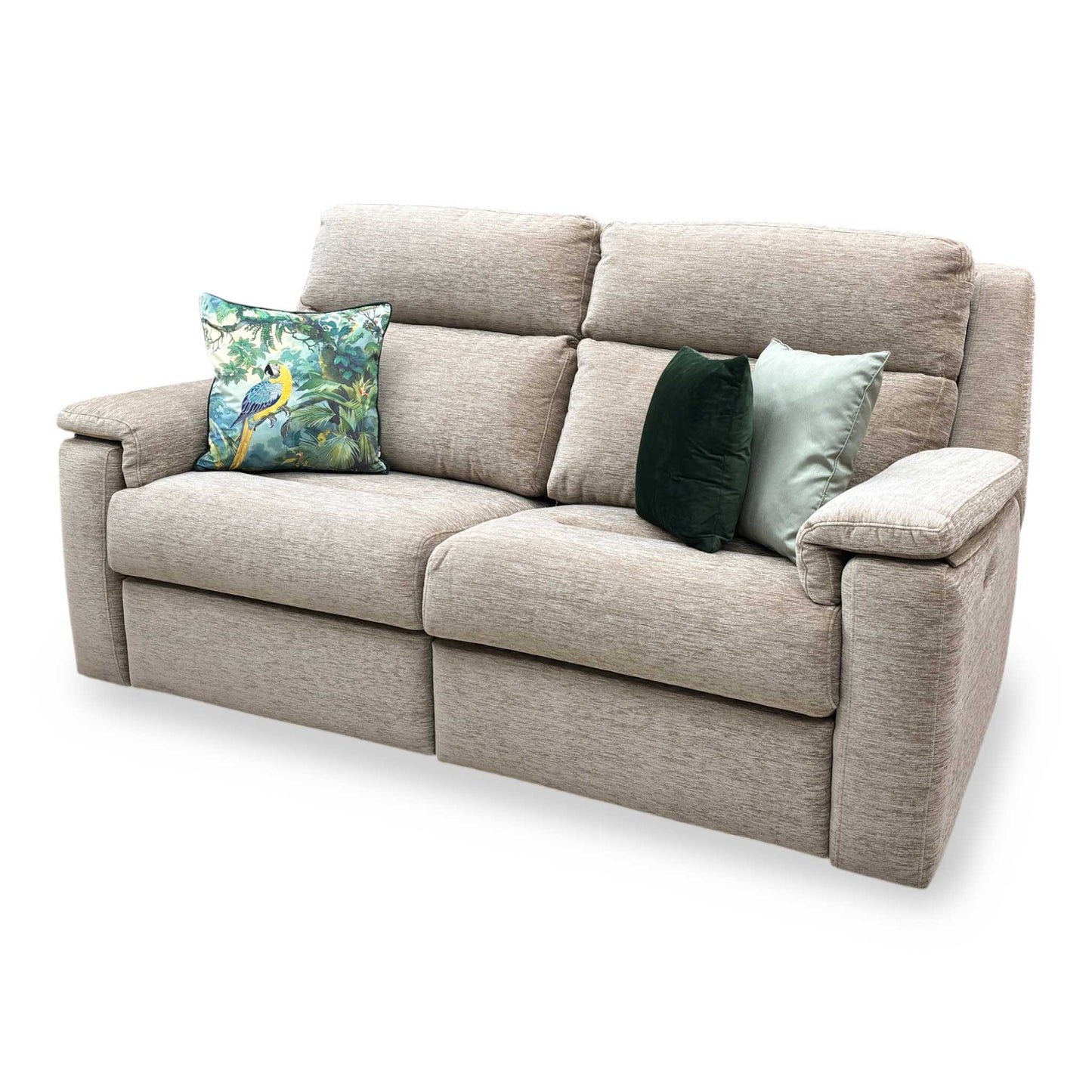 Side profile of the ‘Thornbury’ power recliner sofa, highlighting the ergonomic contours of the tiered backrest, padded arm tops, and necessary clearance footprint when fully reclined.