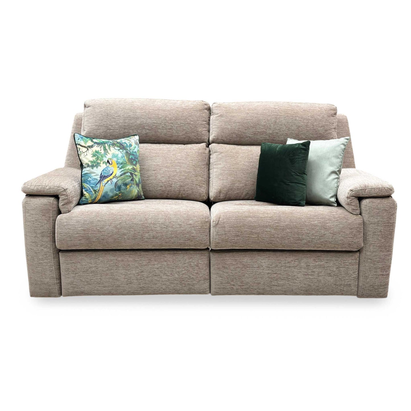 Front view of the G Plan ‘Thornbury’ 3-Seater Power Recliner Sofa in Destiny Storm Oatmeal fabric, showcasing its premium high-back design, luxurious deeply cushioned seats, and refined contemporary silhouette.